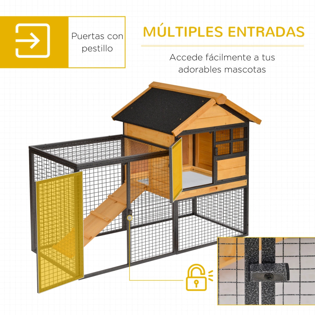 Conejera 2 Livelli per Conigli con Rampa e Bandeja ¨C zephmum ¨C Legno e Grigio 122x63x92 cm