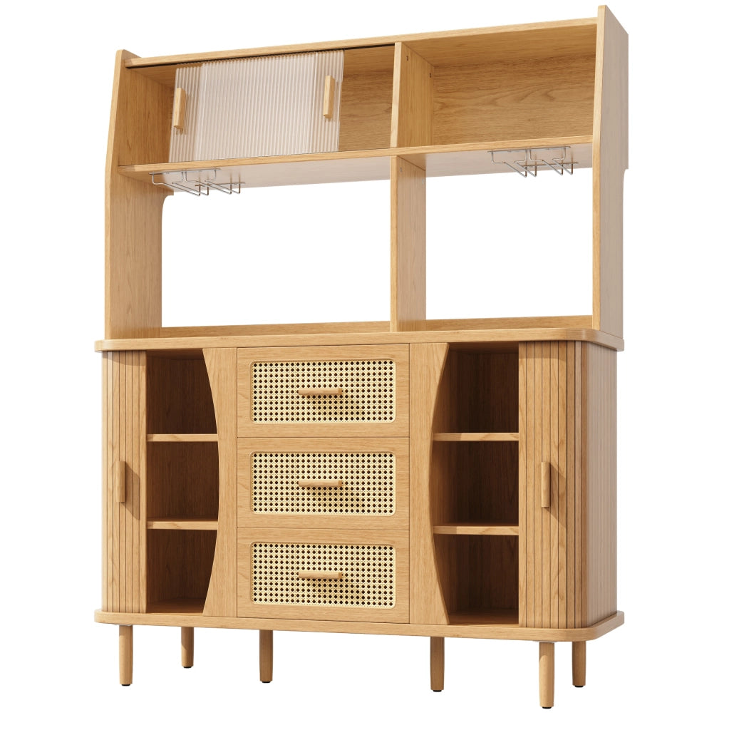 Credenza 140x40.5x174.5 cm con ante scorrevoli in vetro; 3 cassetti e ripiani aperti in MDF e metallo; naturale