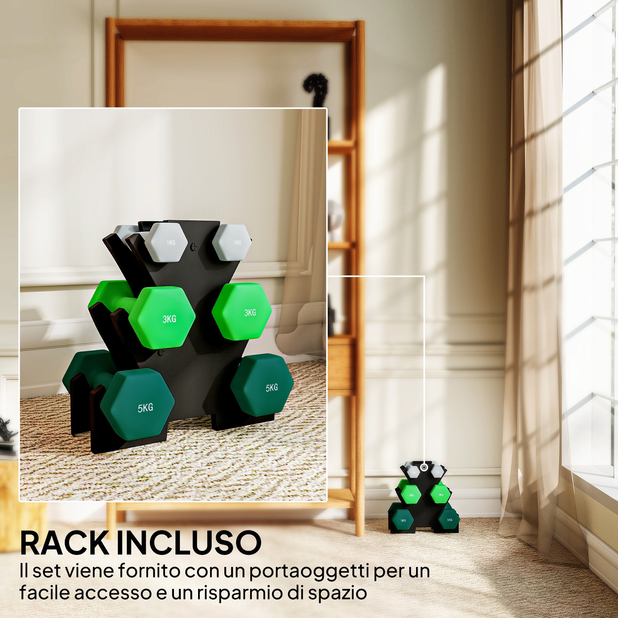 Kit Pesi Esagonali da 18 kg Totali con Supporto Incluso in Acciaio Metallo e Plastica Verde e Nero