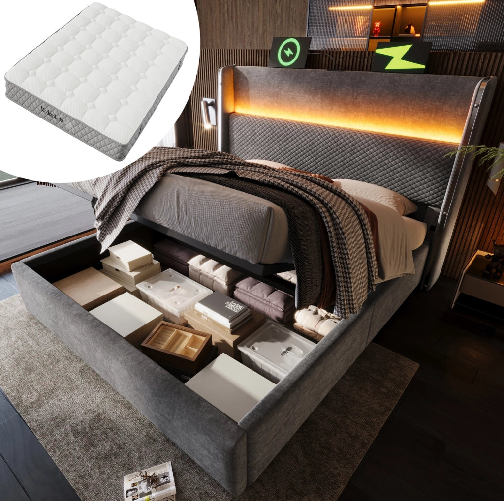 Letto matrimoniale 160x200 cm con testiera alta; LED; USB e contenitore; grigio; con materasso