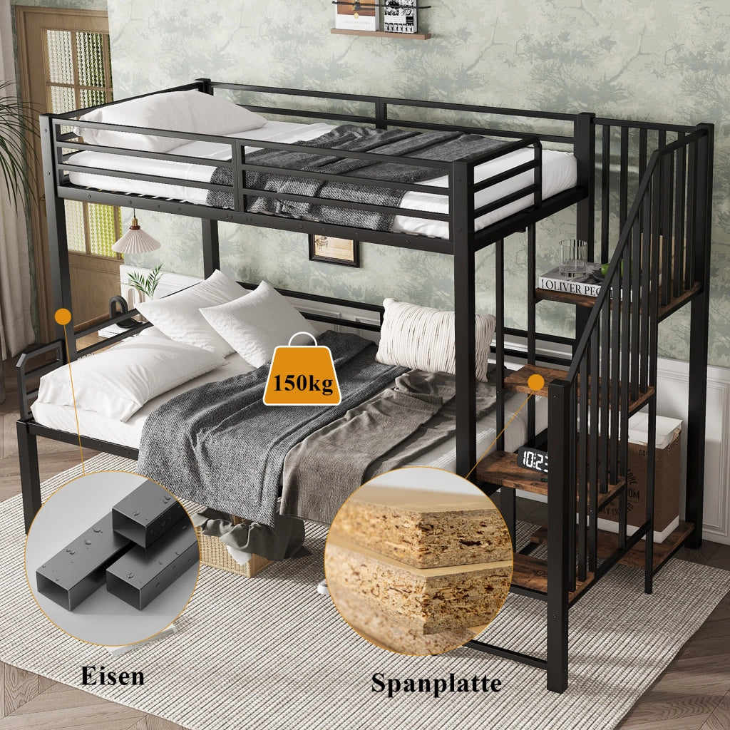 OKWISH Letto a Castello 90×200 cm e 120×200 cm, Letto 3 Posti con Scala ad Angolo, Contenitore e Sponde, senza Materasso
