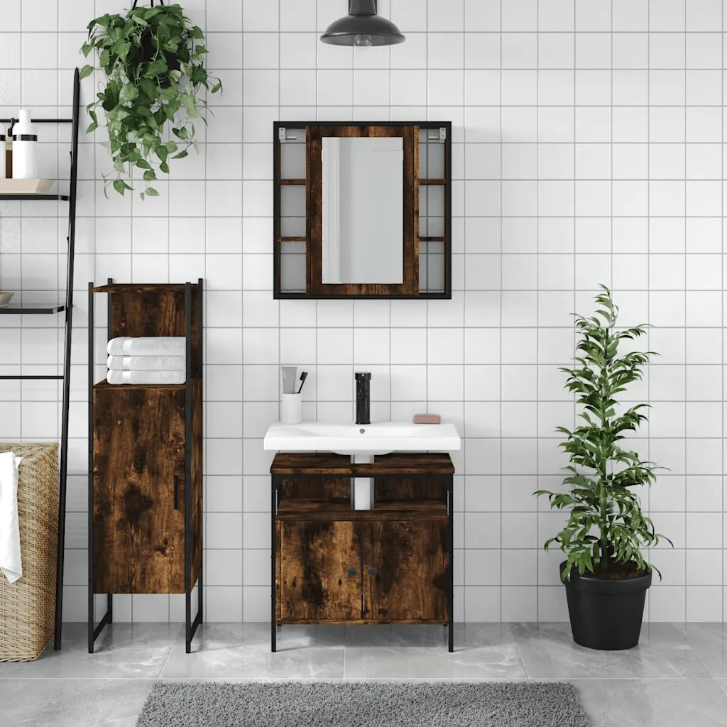 Set Mobili da Bagno 3 pz Rovere Fumo in Legno Multistrato