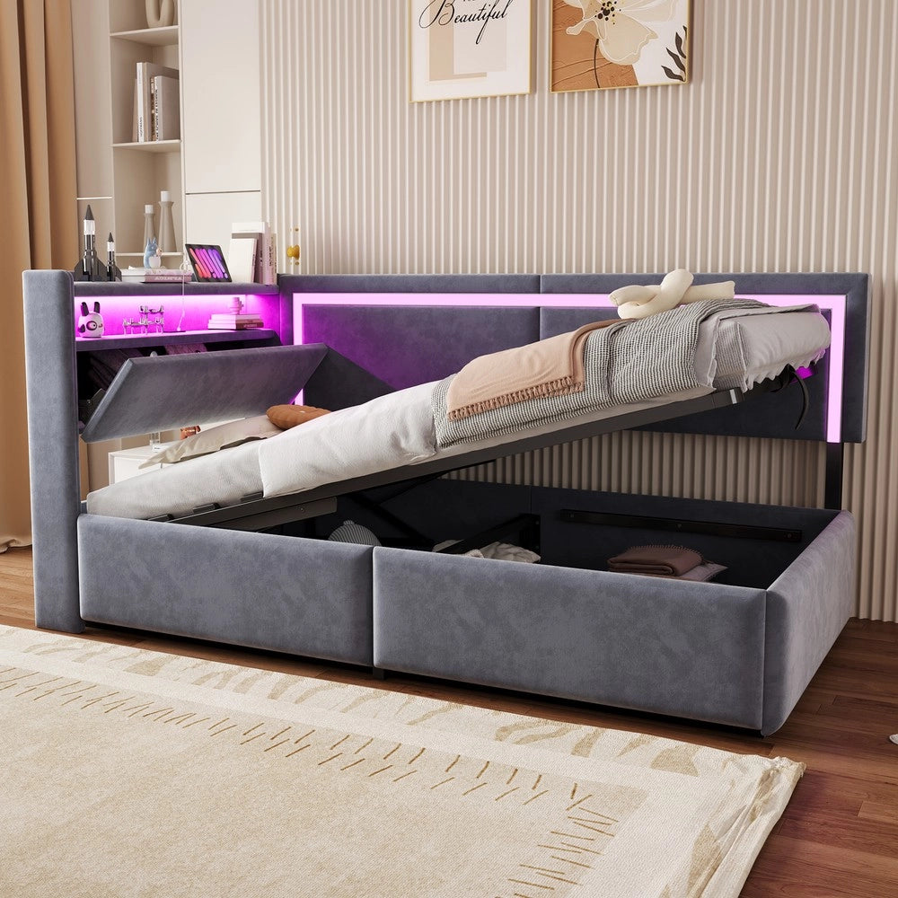 Letto Imbottito Contenitore con LED ¨C MINIMAL ¨C Velluto Grigio Scuro 90x200