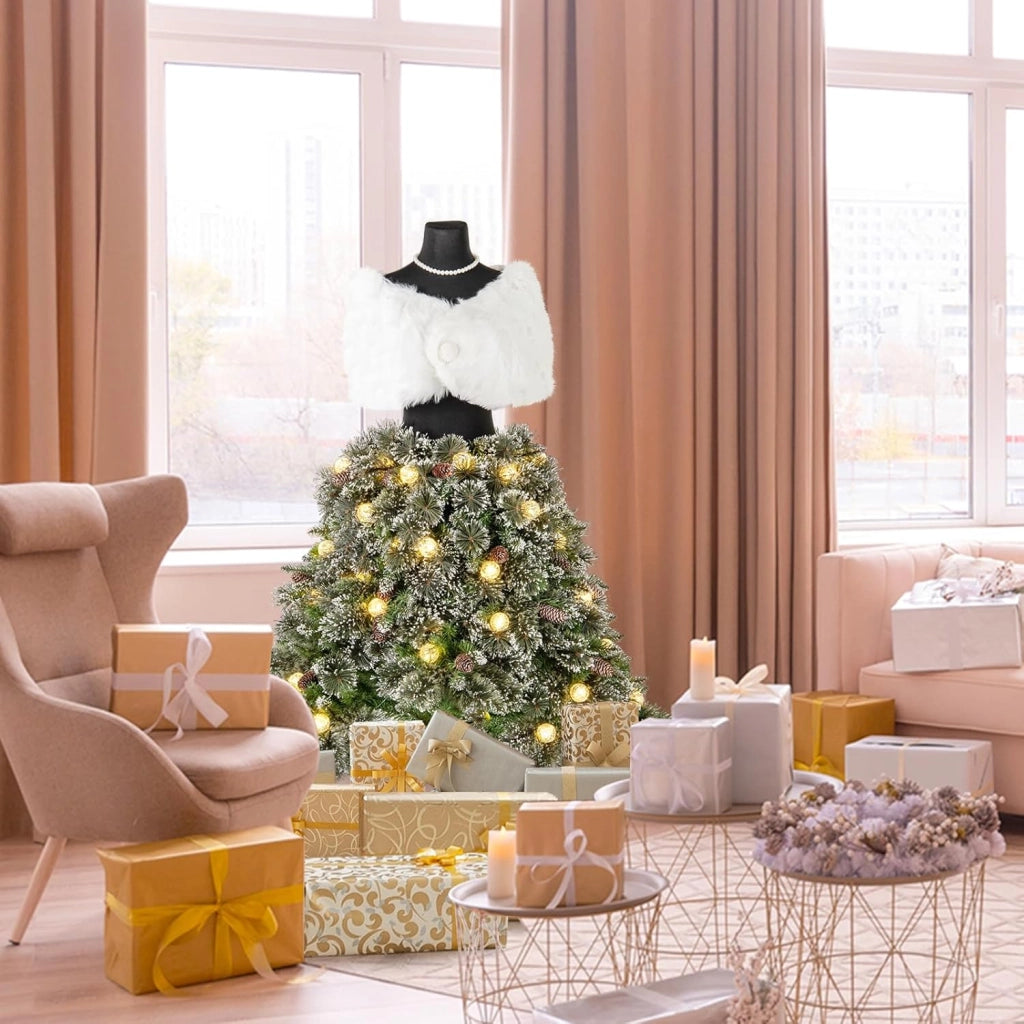 Albero di Natale Artificiale 150 CM con Manichino Pre-Illuminato, Albero di Natale a Forma di Abito con 465 Punte di Rami, 50 Luci a LED, 36 Pigne, Scialle, Collana