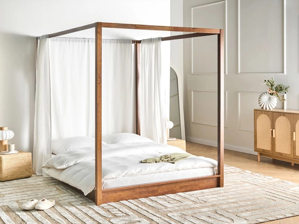 Letto in legno marrone scuro 160 x 200 cm con baldacchino dal design minimalista