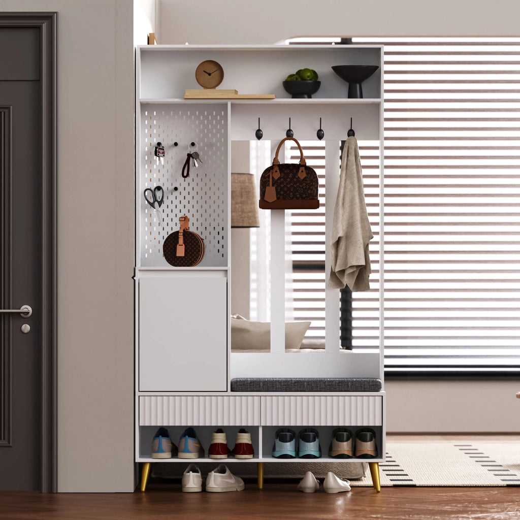 OKWISH Mobile da Ingresso con 1 Anta, 2 Cassetti, Vani Aperti, 4 Ganci e Panchina, per Ingresso, MDF, Bianco, 100×35×180 cm