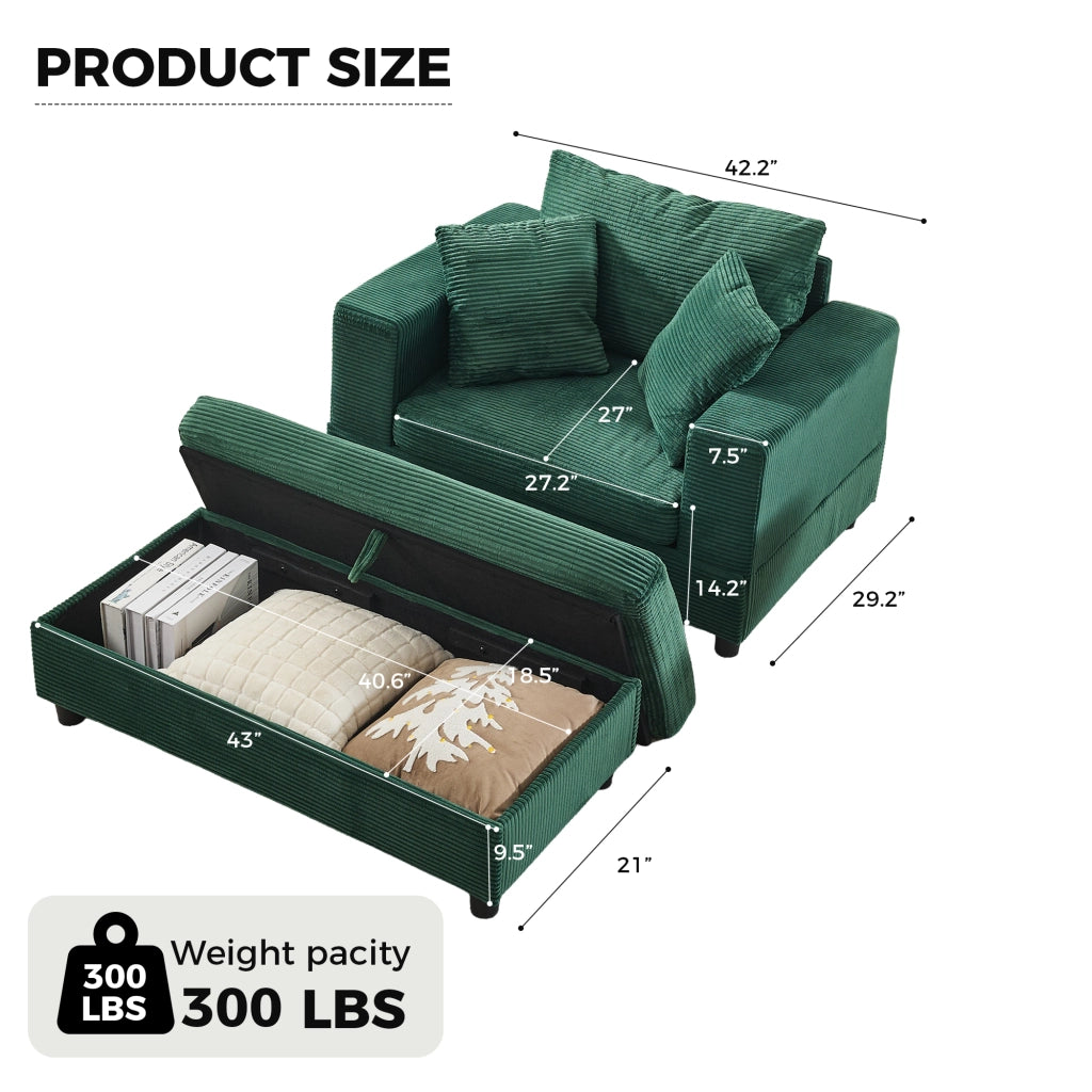 Divano chaise longue con poggiapiedi e vano contenitore, 3 cuscini, per soggiorno e camera, verde smeraldo