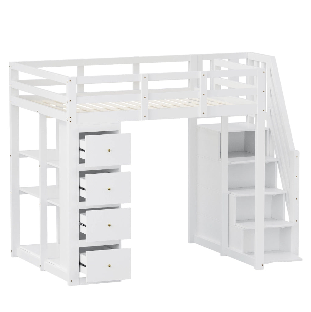 Letto a soppalco 140x200 cm in legno bianco con 4 cassetti; ripiani e scala laterale