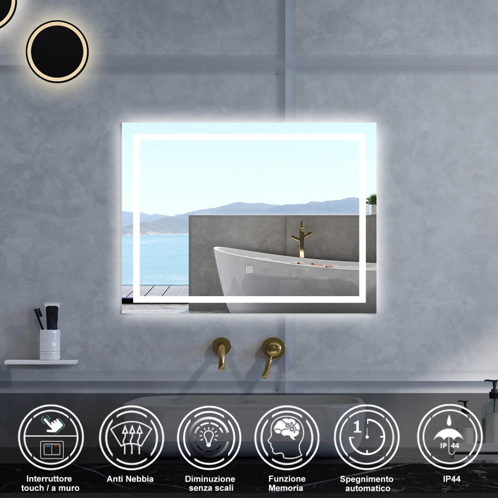 Specchio da bagno Rettangolare con 100x60cm,Memoria, Antifog,Regorabile,Retroilluminato,doppio interruttore,