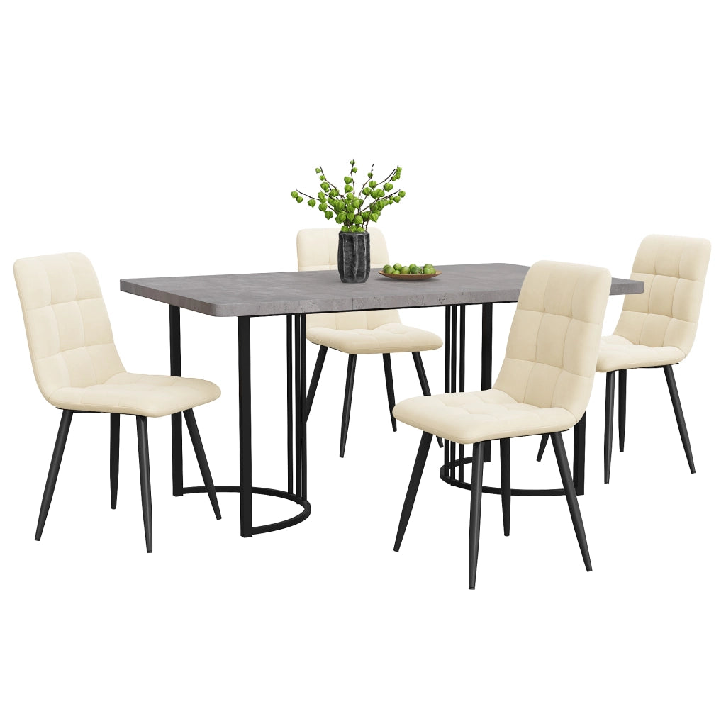 Tavolo da pranzo per 4 persone con 4 sedie in velluto, piano in MDF effetto marmo, gambe in metallo, grigio 140 × 80 cm