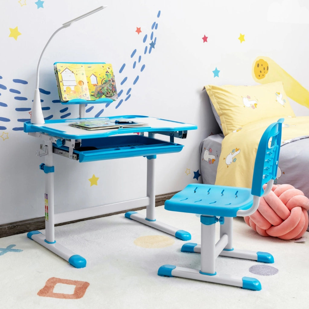 Set scrivania e sedia per bambini con altezza regolabile, Scrivania e sedia con leggio per libri e luce LED Blu