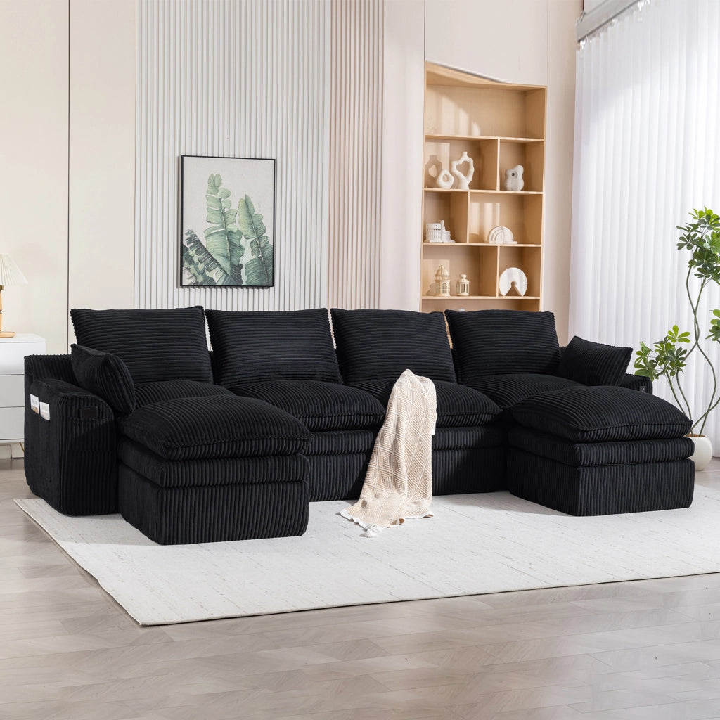 Divano Modulare 4 Posti con 2 Poggiapiedi ¨C MINIMAL ¨C Nero, Tessuto a Coste, Cuscini