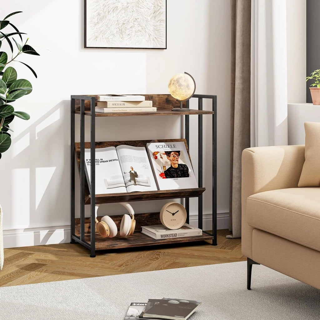 Libreria Scaffale Industriale 3 Ripiani Regolabili con Alette di Protezione, Scaffale Libreria Portaoggetti in Telaio in Metallo, Mensola Multifunzione, 2 Colori, 70 x 35 x 81 cm (Marrone)