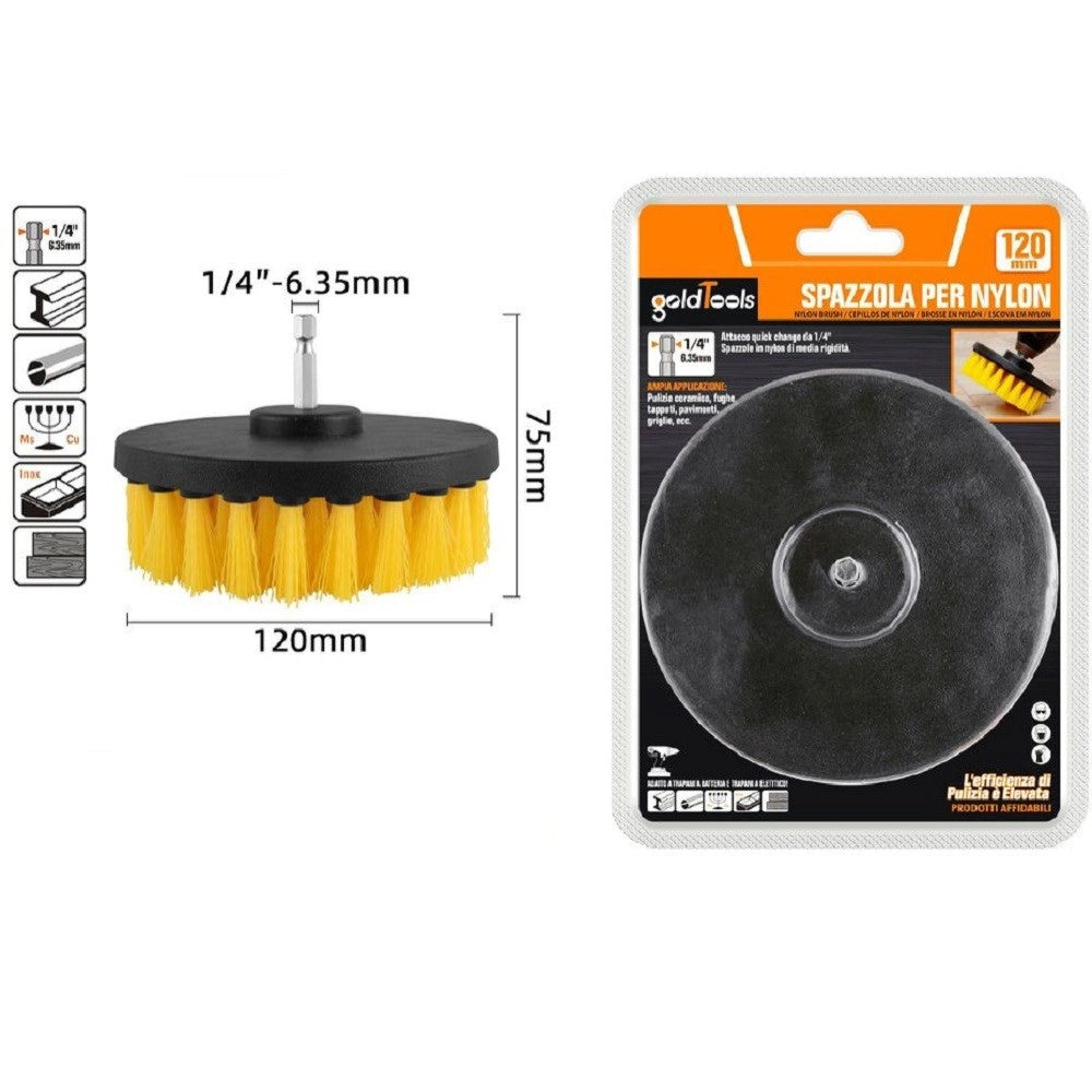 Trade Shop - Spazzola In Nylon 120mm Attacco 1/4" Rotante Trapano Elettrico Per Pulizia 57240 -