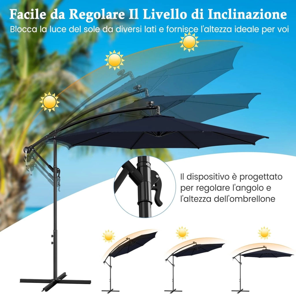Ombrellone da Giardino ∅303 cm Decentrato, con 112 Luci LED ad Energia Solare, con Manovella, Inclinazione Regolabile, 8 Stecche, Ombrellone da Esterno per Giardino Piscina Cortile (Marino)