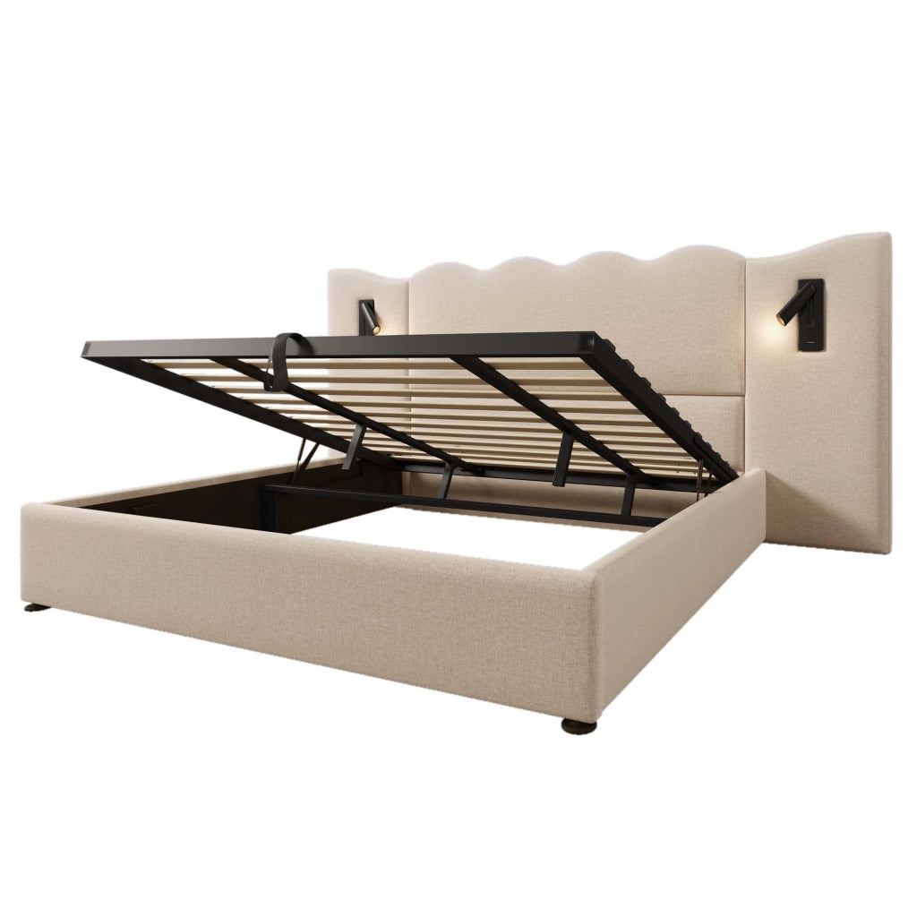 Letto contenitore 180x200 cm con lampada da lettura e ricarica USB e Type-C in lino beige