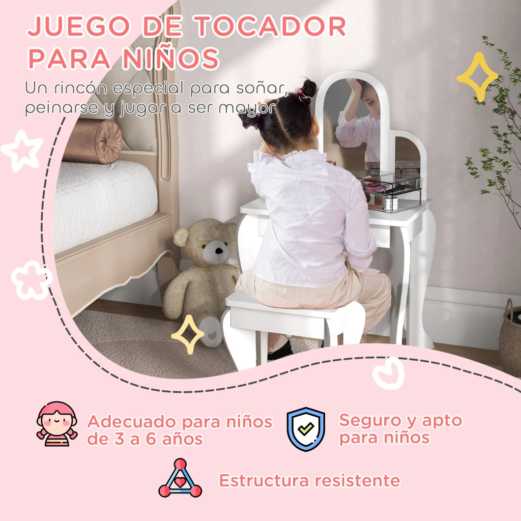 Toeletta per Bambini con Specchio e Sgabello ¨C Xylo ¨C Bianco con Cassetto 3-6 Anni