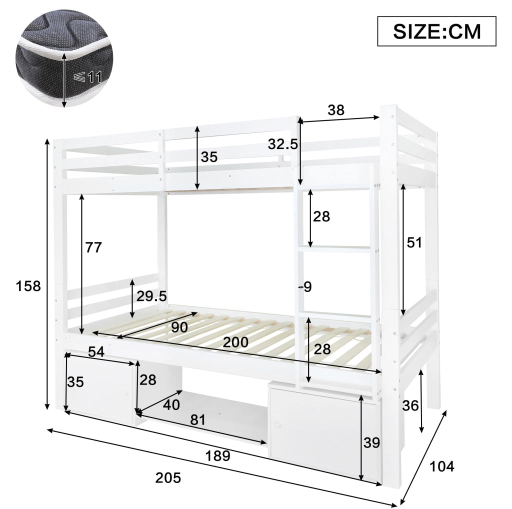 Letto a castello per bambini 205x104x158 cm con scaffale e armadietti; divisibile in 2 letti singoli; legno e MDF; bianco