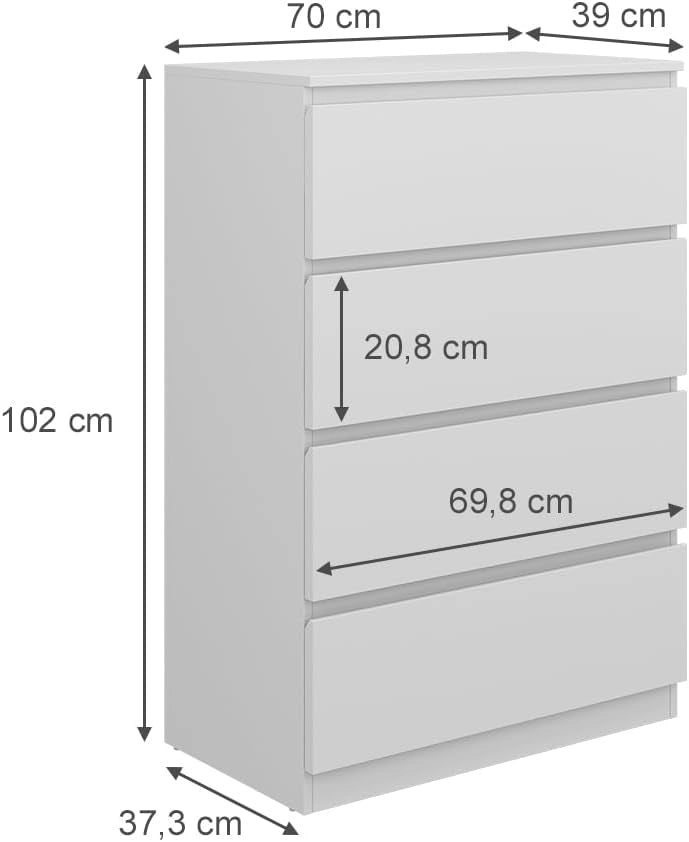 Cassettiera Calisto, Bianco, 70 x 102 cm, per riporre abiti e oggetti di uso quotidiano