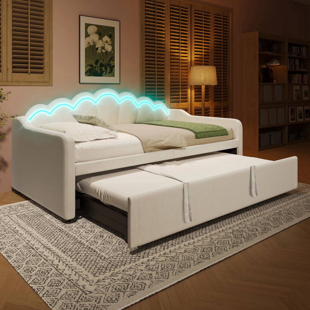 Daybed in velluto beige 90x200 estraibile a 180x200 LED colorati senza materasso