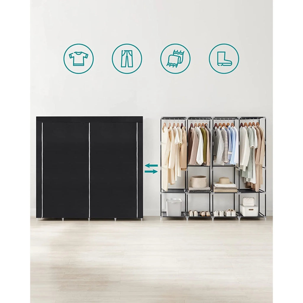 Armadio in tessuto per camera da letto appendiabiti 45 x 170 x 167 cm 4 scomparti appendiabiti ripiani a 2 livelli 4 tasche grande capacità camera da letto/soggiorno nero 12_0003969