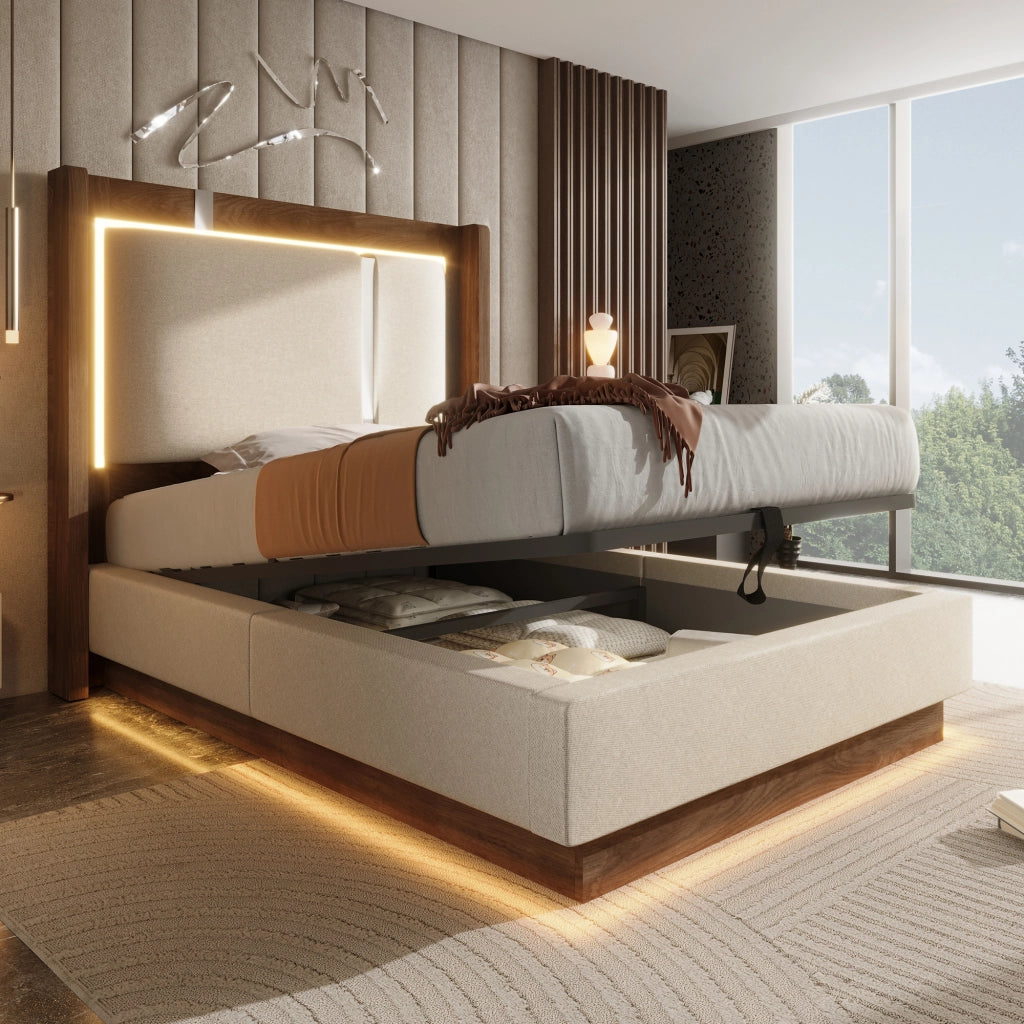 Letto singolo 90x200 cm con rete, LED, contenitore idraulico e testiera imbottita beige