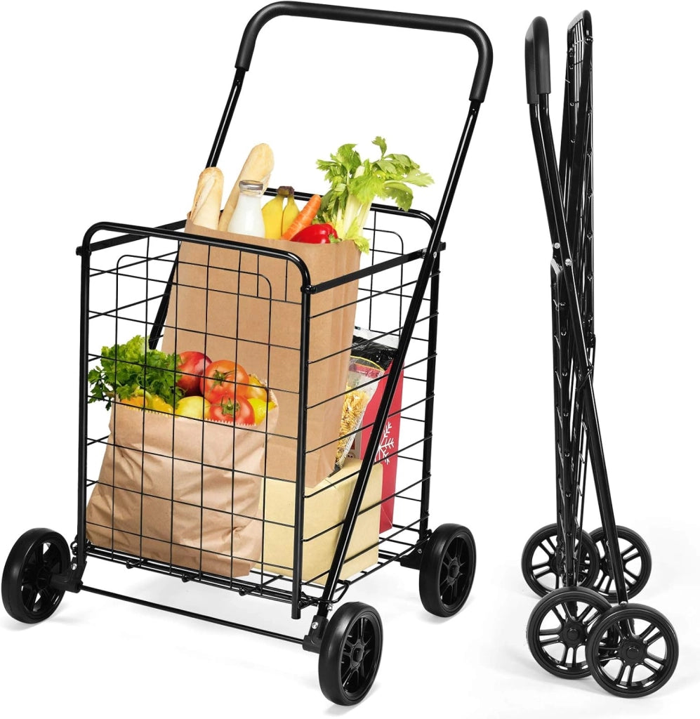 Carrello Portaspesa Pieghevole, Carrello Spesa con Ruote, Capacità di Carico: 45 kg, 83L, 57 x 58 x 91 cm (Nero)