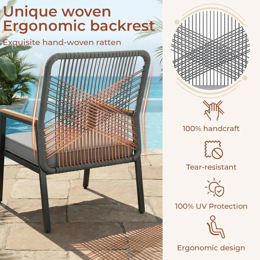 Set di mobili da giardino, Set da 3 sedie da giardino in rattan, 2 sedie da patio con tavolino, fino a 160 kg, resistenti alle intemperie, braccioli in WPC, per patio, giardino, veranda,Grigio