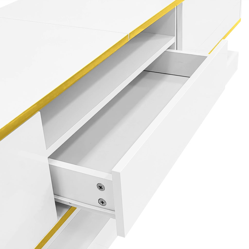 Mobile TV 180x38x45 cm; 3 cassetti con LED a colori e finitura lucida; truciolare bianco