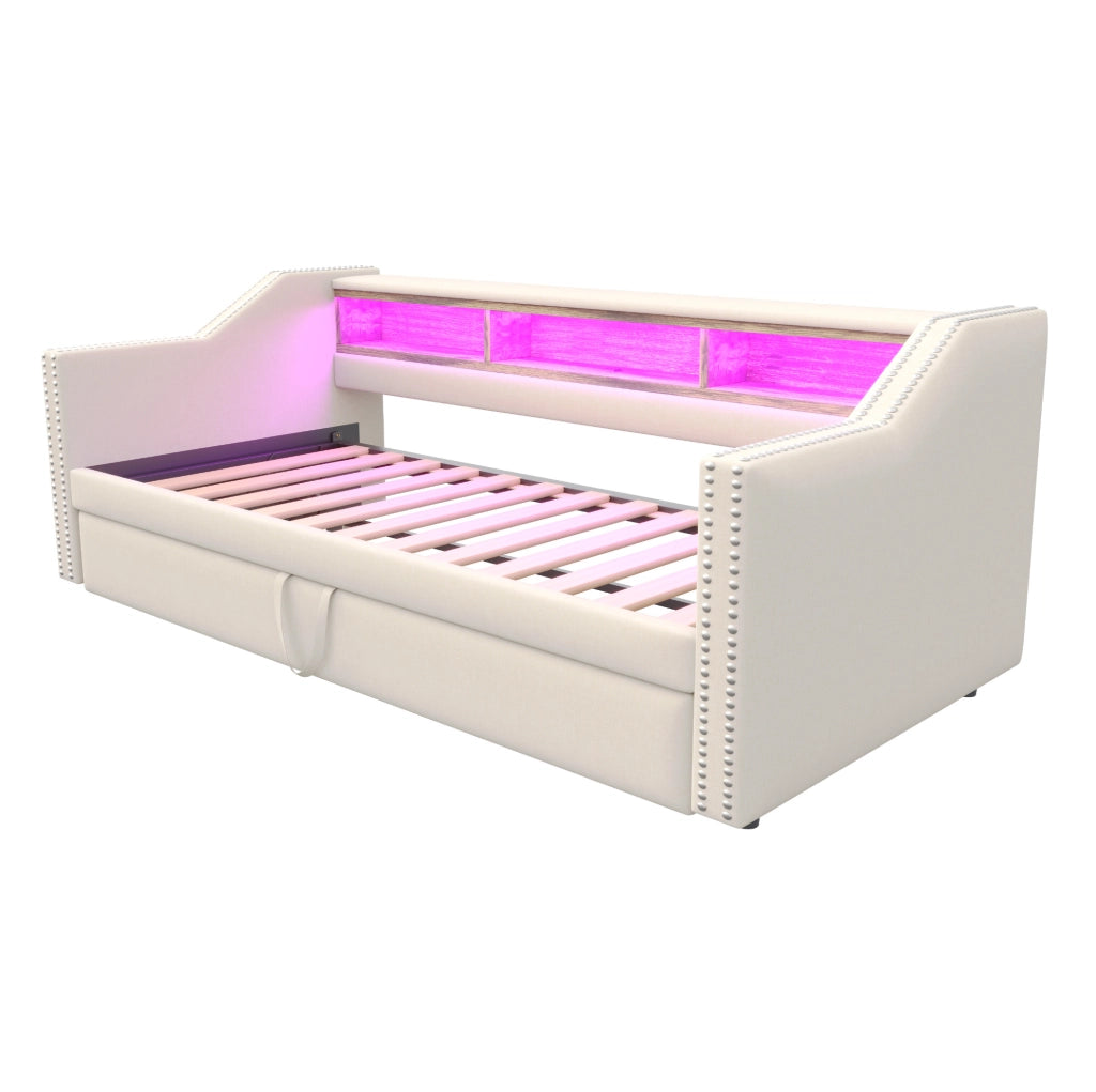 Divano letto 90x190 cm estraibile con vani portaoggetti e USB in tela di juta beige