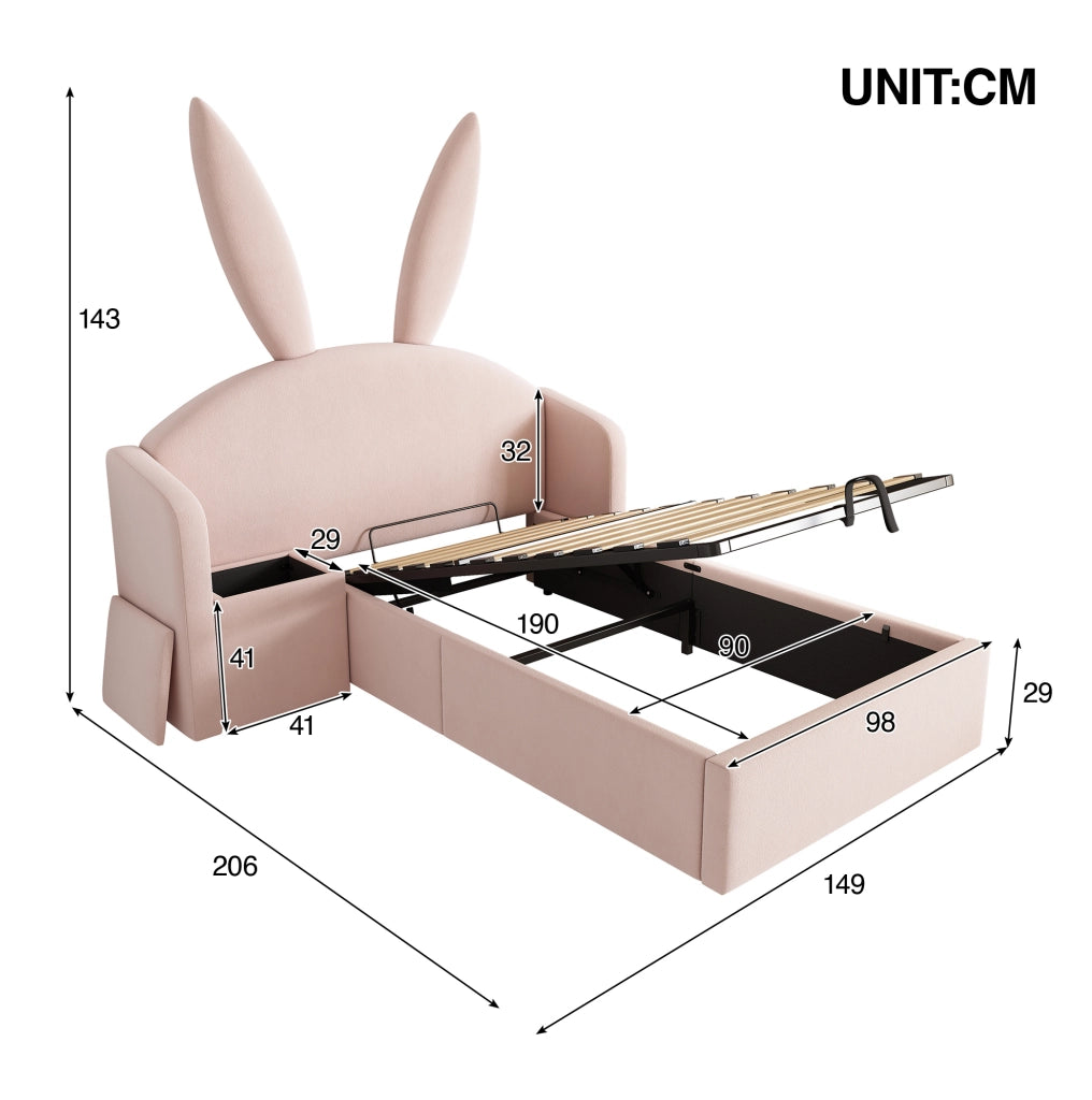 Letto per bambini 90x190 cm in velluto rosa con contenitore; comodino e orecchie di coniglio