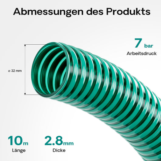 Tubo spiralato per aspirazione, verde, da 10 m Ø 32mm (1 1/4"), per pompe - Made in Europe