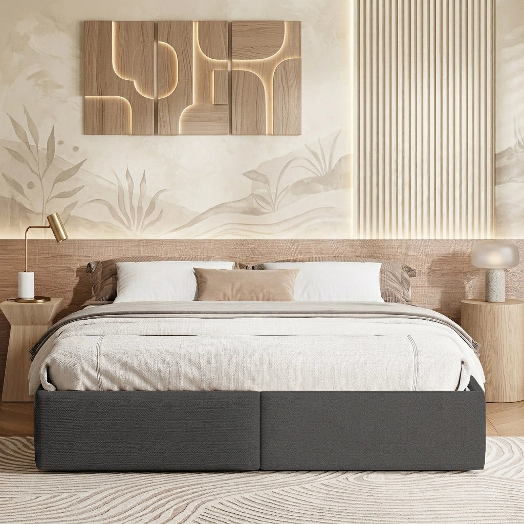 Letto matrimoniale contenitore 160x200 cm con vano idraulico e 2 cassetti rete a doghe senza testiera in lino grigio