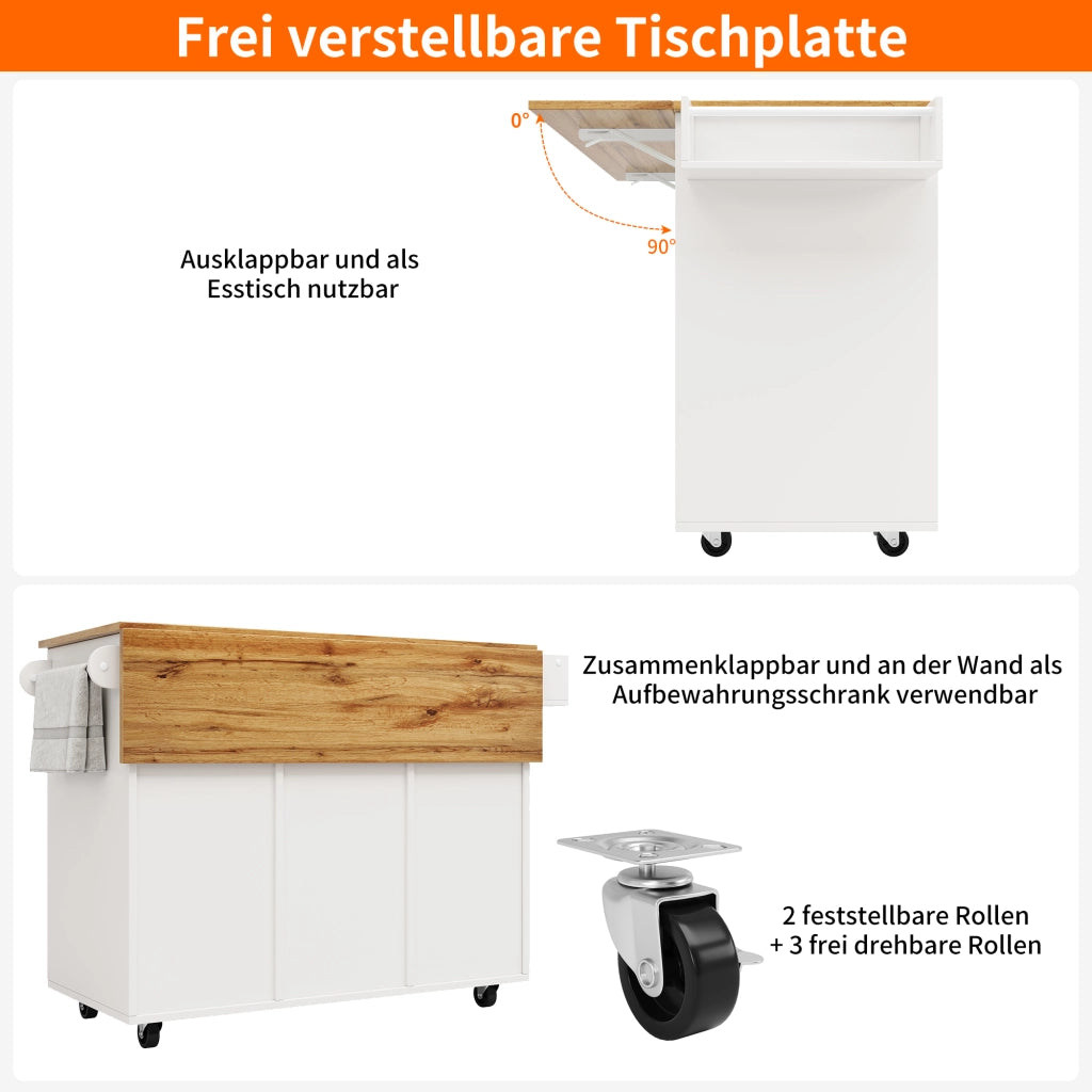 Isola da Cucina con 1 Cassetto; 2 Ripiani; 2 Ante e Piano Ribaltabile; in MDF; Bianco; 137;5 x 40 x 95;6 cm