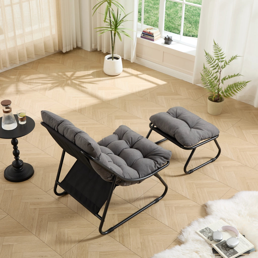 Sedia da patio esterno con pouf poltrona reclinabile comoda con morbido cuscino e poggiapiedi ideali per soggiorno camera da letto sala lettura telaio nero e cuscino grigio
