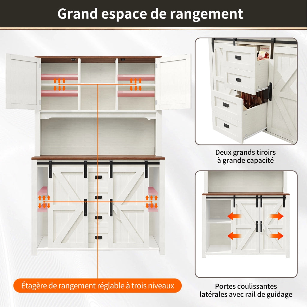 Credenza Alta da Cucina con Ante Scorrevoli; Vano Aperto; 2 Cassetti e LED; in MDF e Metallo; 115 x 40 x 174;7 cm; Bianco