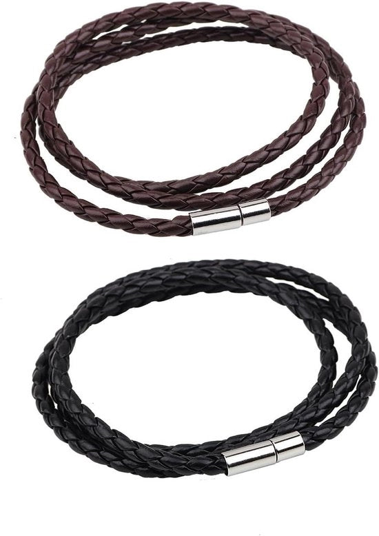 Set di 2 Cinturini in Pelle Intrecciata - Cinturini a Corda - Doppia Filiatura - Unisex - Adatto al Giorno Giorno - Nero Marrone - Dimensione Unica