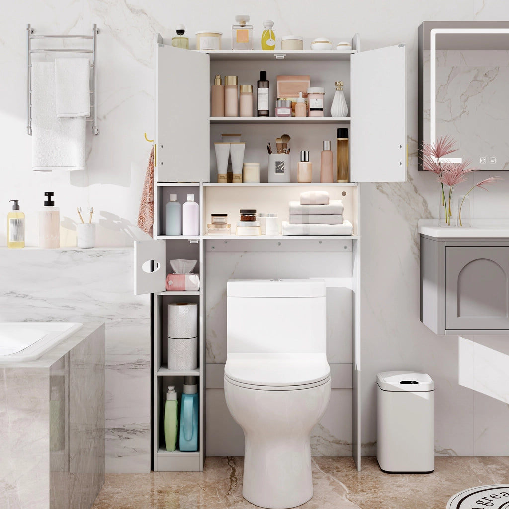 Mensola sopra il wc con armadietto a 2 ante 6 scomparti aperti-Mobiletto da appoggio porta fazzoletti gancio ripiano regolabile Bianco