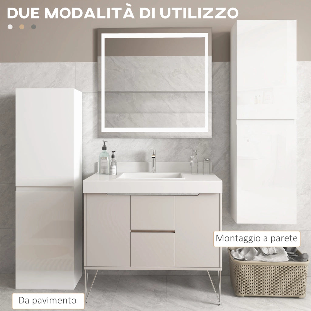 Mobile Bagno Alto a Colonna con Ante e Ripiani Regolabili ¨C zephmum ¨C Bianco Lucido