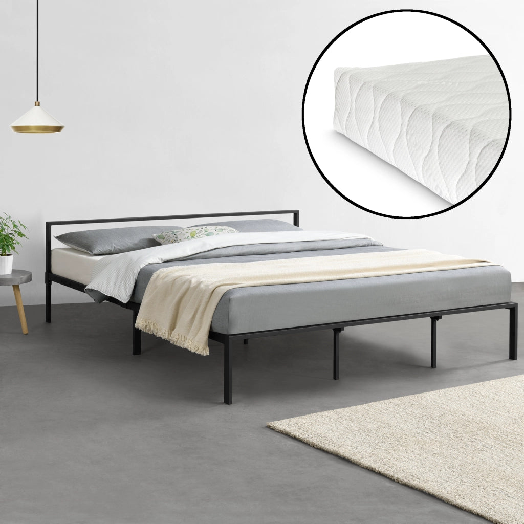 Struttura Letto in Metallo con Testiera Bassa con Materasso a Schiuma Fredda 180 x 200 cm Letto Matrimoniale King Size - Nero
