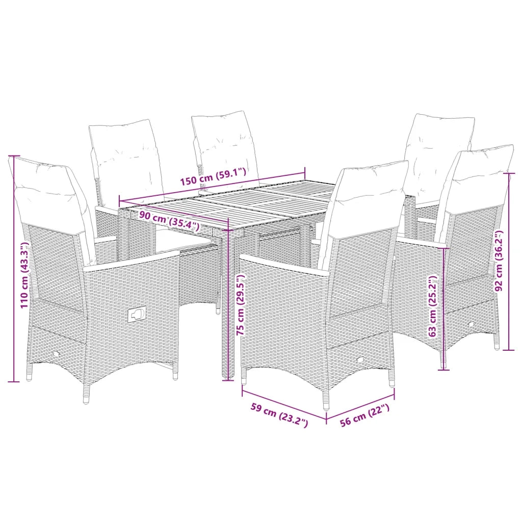 Set da Pranzo da Giardino 7 pz Nero con Cuscini in Polyrattan