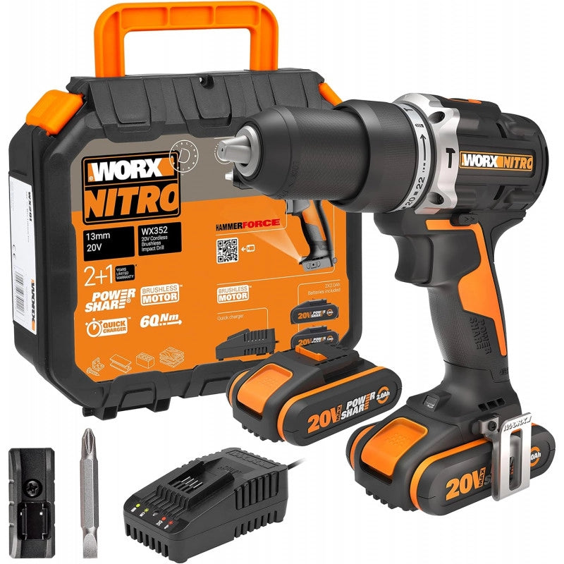 Trapano Avvitatore con Percussione WX352 20V Brushless 60Nm Mandrino 13mm con 2 Batterie 2Ah - Worx