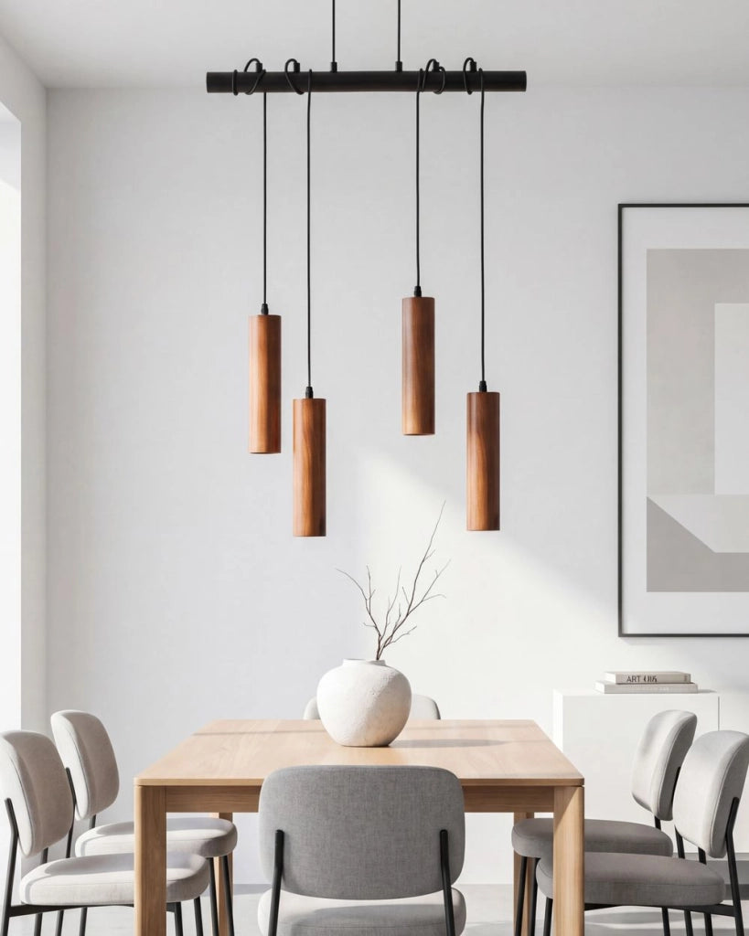 Lampada a sospensione Legno scuro Base in ferro Paralume in legno di quercia 4 punti luce Accessori per la casa Illuminazione