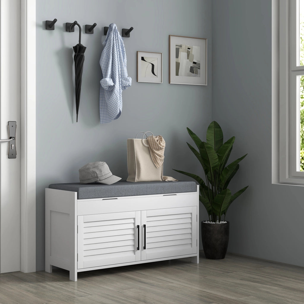 Panca Scarpiera con Ripiano Interno Regolabile su 6 Livelli, in MDF e Simil Lino, 90x36x50 cm, Bianco e Grigio