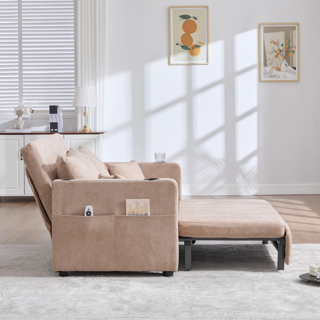 Divano letto convertibile in chenille con tasche laterali e cuscini, per soggiorno e studio, kaki