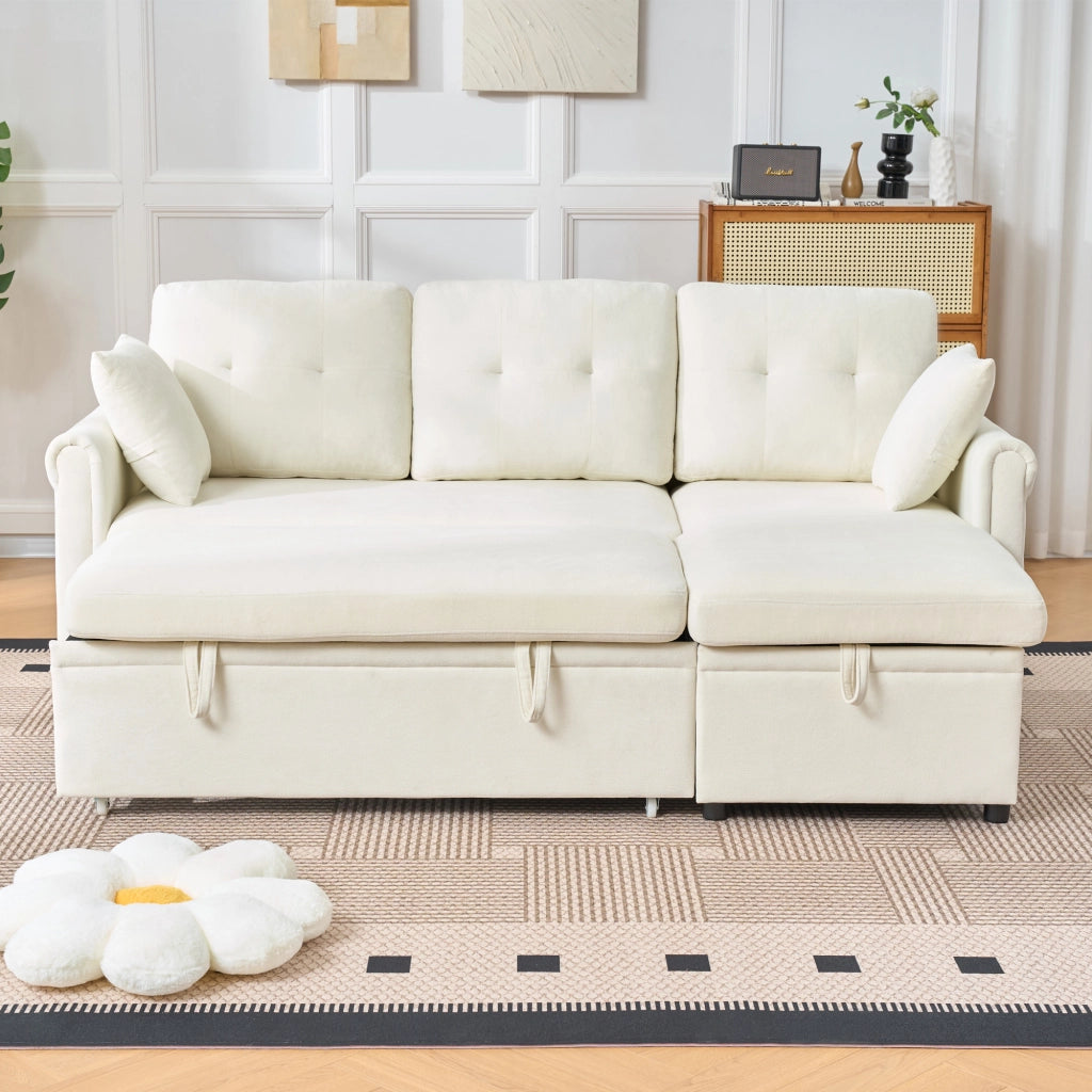 Divano angolare convertibile con letto, contenitore e chaiselongue reversibile con tasche laterali in chenille beige