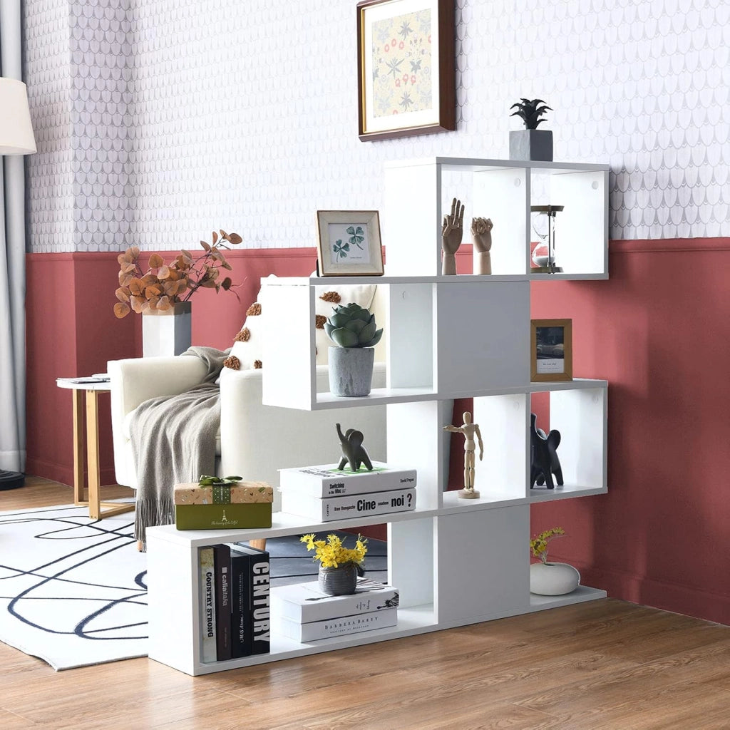 Libreria in Legno, 5 Livelli con Ante, Scaffale Multifunzionale a Forma di Scala, Ideale per Soggiorno Studio Ufficio, 120x19,5x109cm (Bianco)