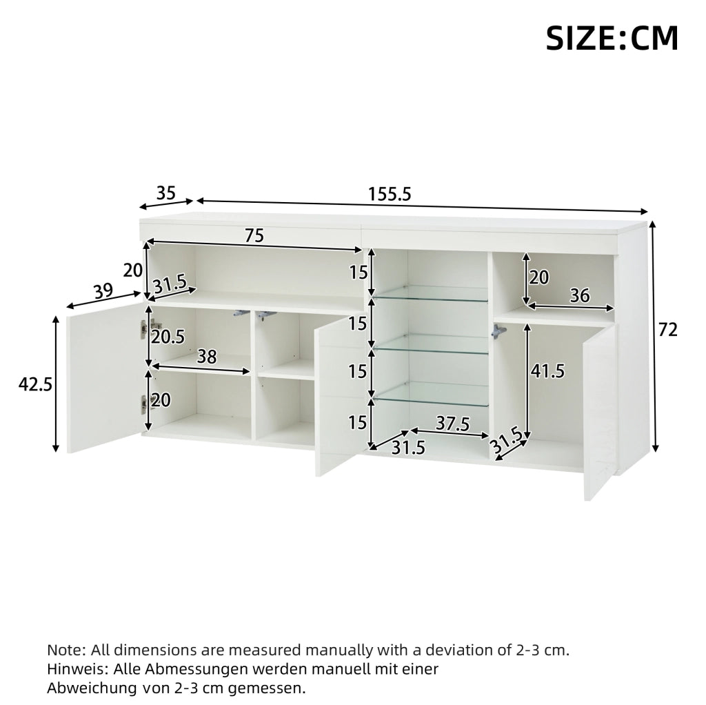 Credenza 155.5x35x72 cm con LED controllabile tramite app in truciolare e vetro bianco