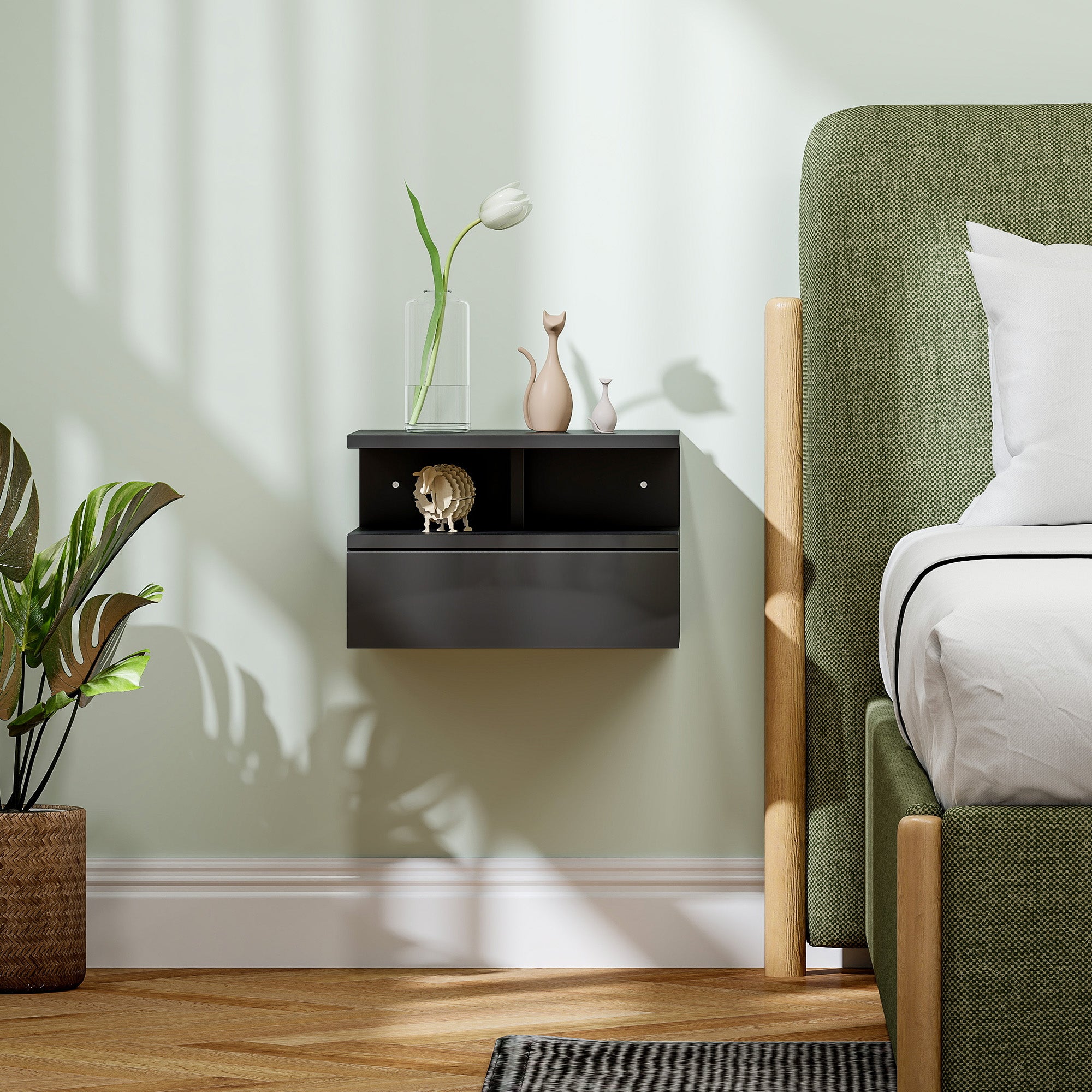 Comodino Sospeso 35x32x22,5 cm con Cassetto e Ripiano Aperto in Legno Nero Lucido