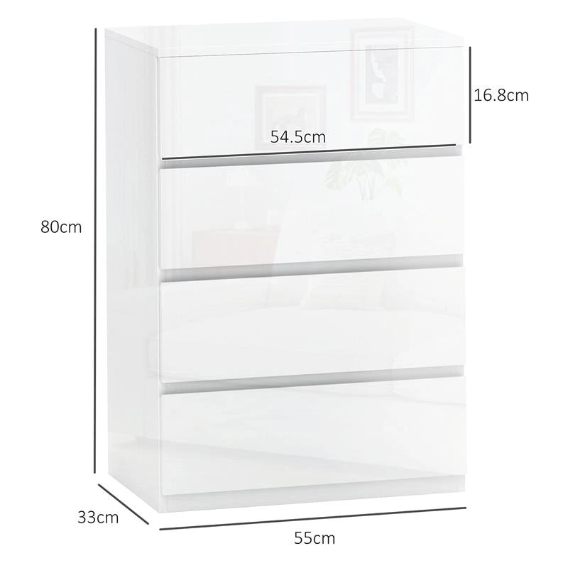 CASSETTIERA MODERNA 4 CASSETTI ANTIRIBALTAMENTO IN LEGNO, 55X33X80 CM, BIANCO LUCIDO